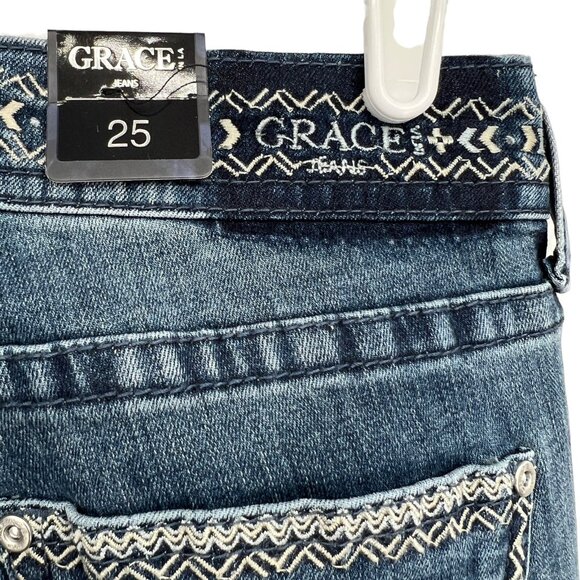 NWT GRACE in LA Women Embroidered Skinny Low Rise Stretch Blue Denim Jeans Sz 25 - Picture 8 of 12